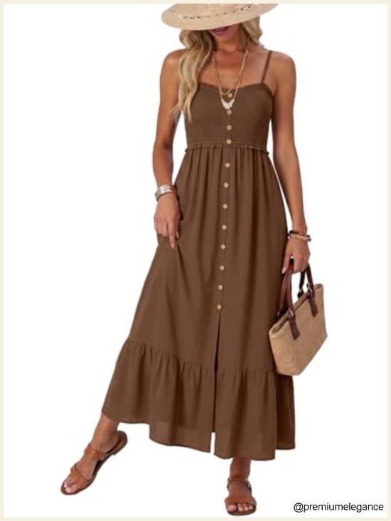 Dresses & Skirts - Sleeveless Spaghetti Strap Smocked Button Down Maxi Dress with Pockets